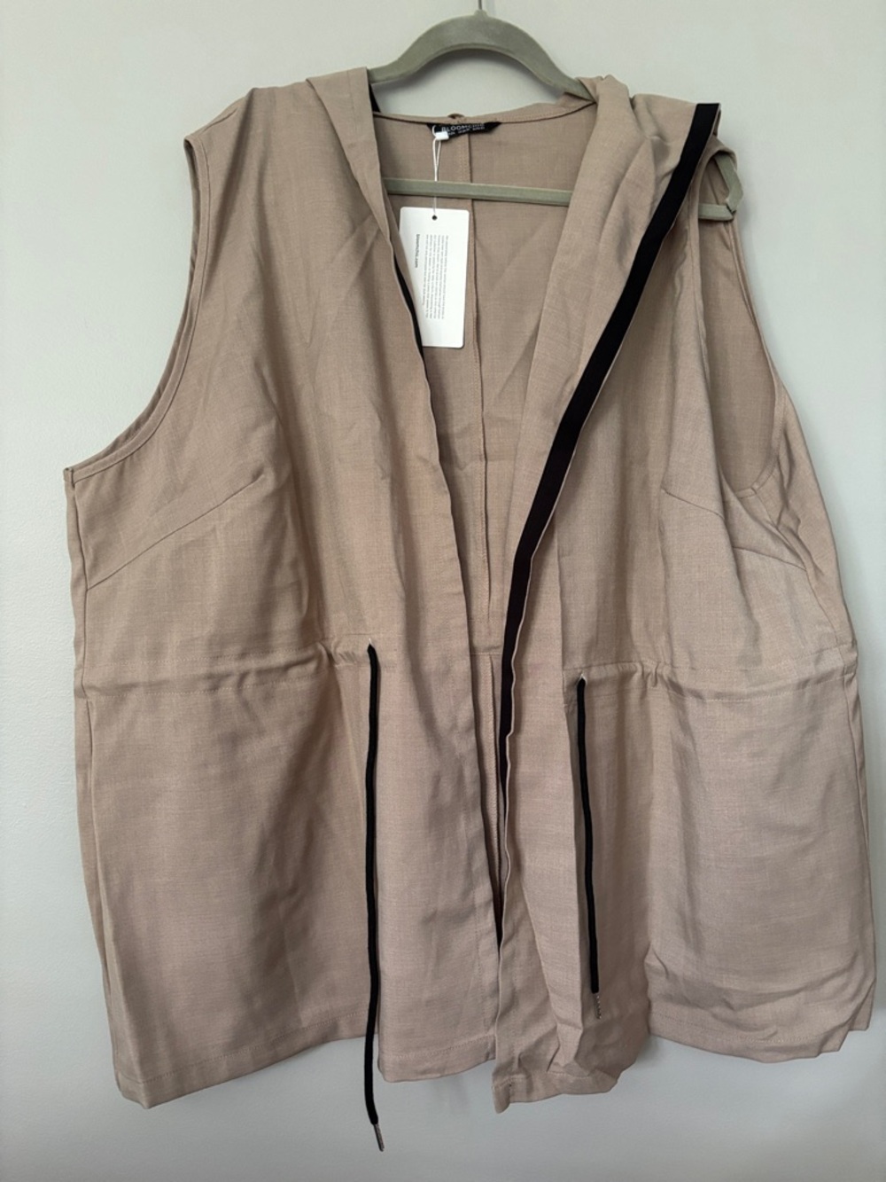 BloomChic Taupe Hooded Linen-Blend Vest with Black Trim